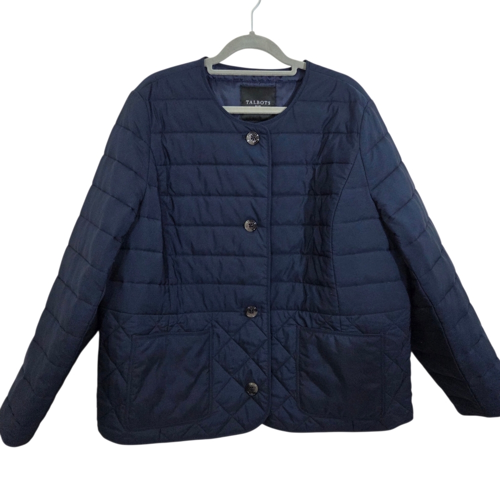 Talbots Quilted Collarless Jacket Navy Blue Patch Pocket Size 1X